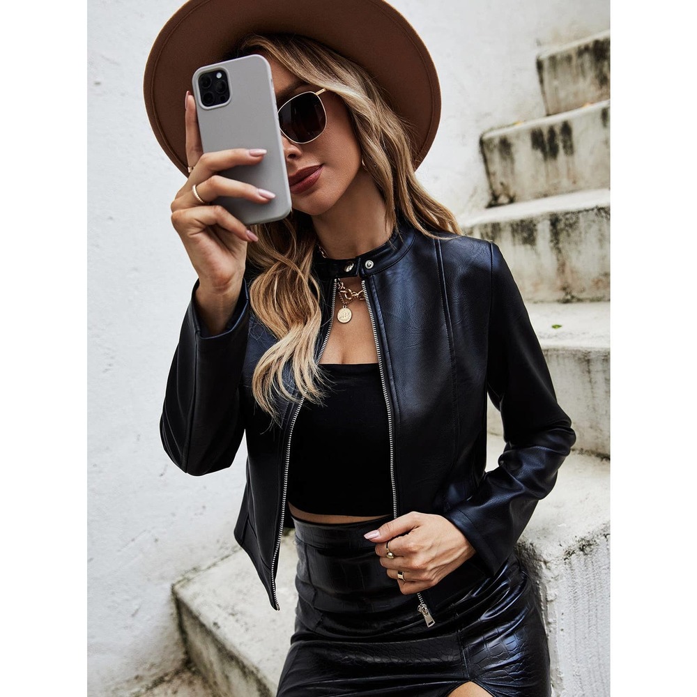 Zip up Vegan Leather Jacket Motorcycle Moto Jacket Black - Picture 5 of 7
